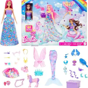 Barbie Advent Calendar with Doll & 24 Surprise Accessories Including Unicorn & 3 Pets - HRG90