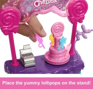 Barbie Chelsea Doll & Lollipop Stand, 10-Piece Toy Playset With Accessories HRM07