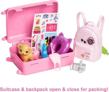 Barbie Doll And Accessories, 'Malibu' Travel Set With Puppy And 10+ Pieces Including Working Suitcase HJY18
