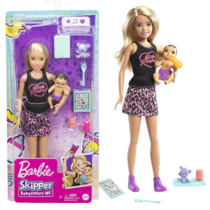 Barbie Skipper Babysitters Inc Set With Blonde Doll in 'Girl Power' Top, Baby Doll & 5 Themed Pieces GRP13