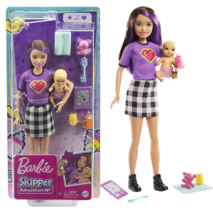Barbie Skipper Babysitters Inc Set With Skipper Doll in Checked Skirt, Baby Doll & 5 Themed Pieces GRP11