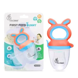 R for Rabbit First Feed Bunny Soft Silicon Baby Nibbler Chewing Fruit Feeder for Babies - Orange/Blue