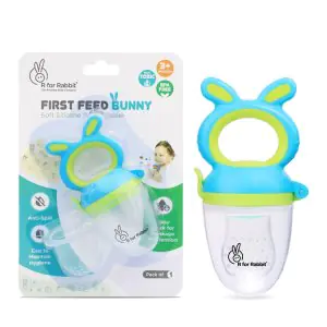 R for Rabbit First Feed Bunny Soft Silicon Nibbler Chewing Fruit Feeder for Babies - Green/Blue